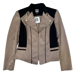 Anne Klein Jacket Women's Small Brown Black Color Block Full Zip Wool Blend‎ NWT